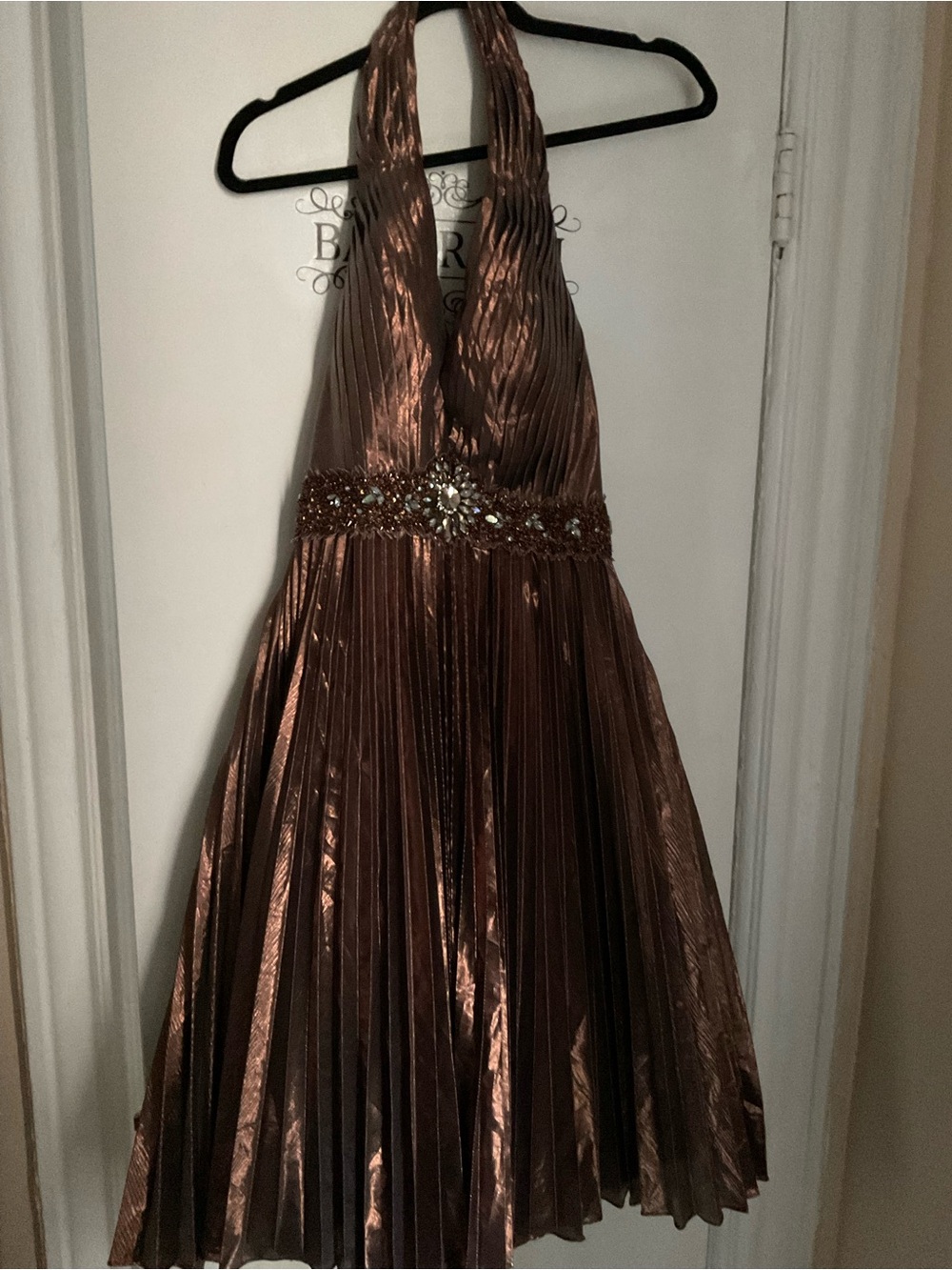 Bronze Halter Pleated Midi Dress with Jeweled Waist and matching scarf